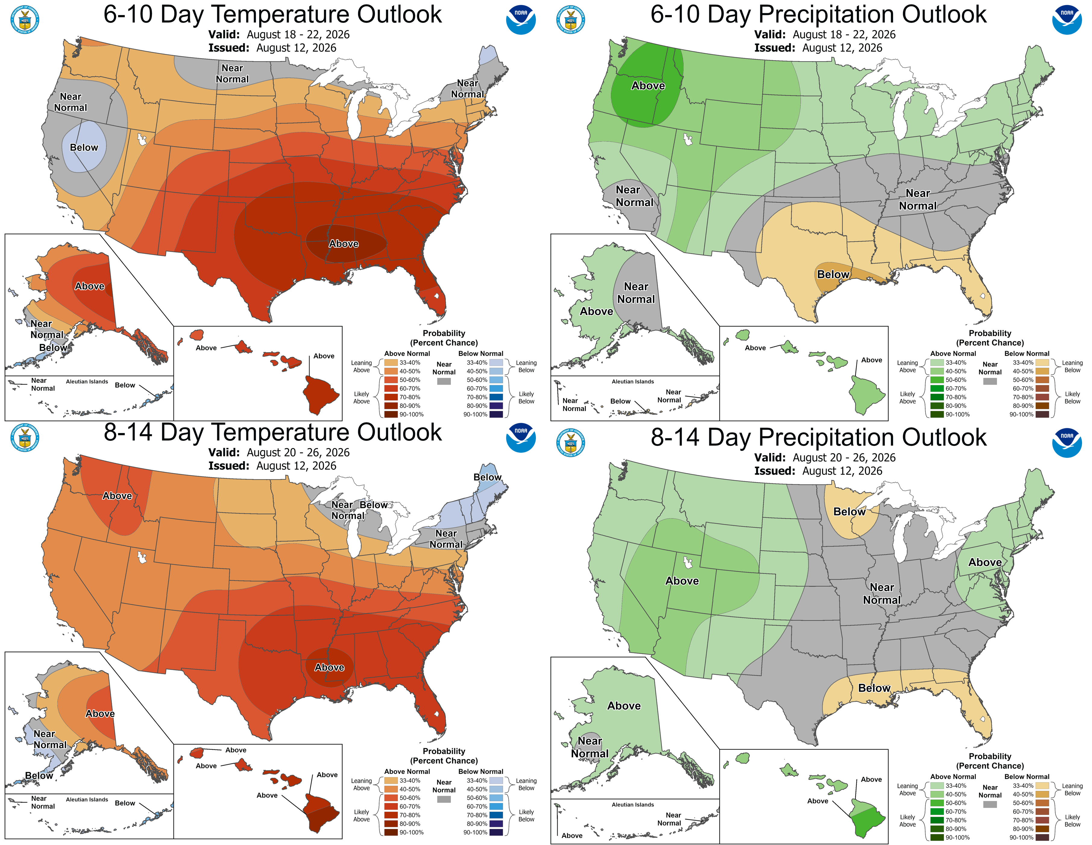 The 6-10 day (Aug. 18-22, top) and 8-14 day (Aug. 20-26, bottom) outlooks for temperature (left) and precipitation (right).